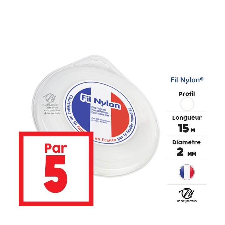 Fil débroussailleuse nylon 2 mm x 15 m. Rond. Blanc. Blister. Par 5