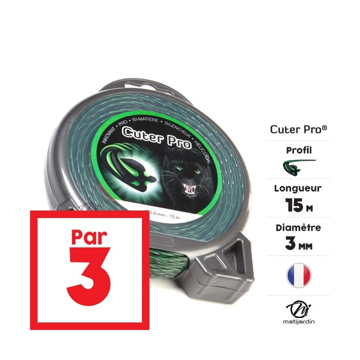 Fil débroussailleuse nylon Cuter'Pro 3 mm x 15 m. Hélicoïdal. Blister. Par 3