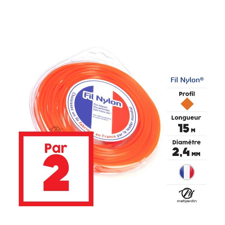 Fil débroussailleuse nylon 2,4 mm x 9 m. Carré. Orange. Blister. Par 2
