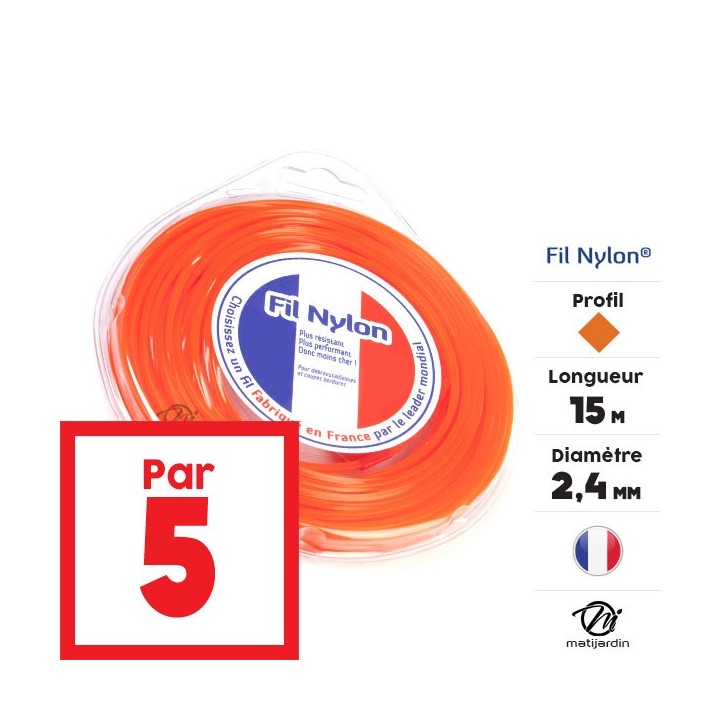 Fil débroussailleuse nylon 2,4 mm x 9 m. Carré. Orange. Blister. Par 5