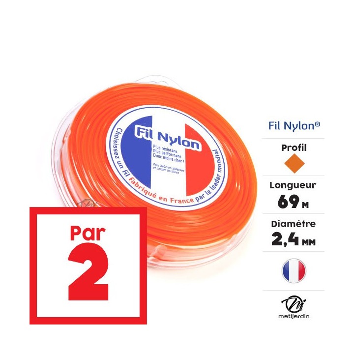 Fil débroussailleuse nylon 2,4 mm x 69 m. Carré. Orange. Blister. Par 2
