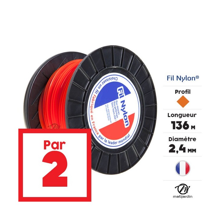 Fil débroussailleuse nylon 2,4 mm x 136 m. Carré. Orange. Bobine. Par 2