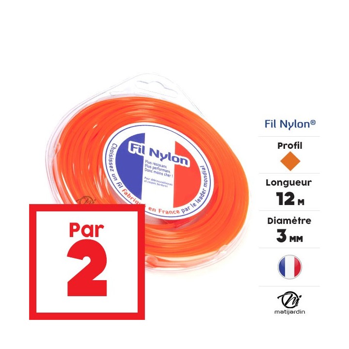 Fil débroussailleuse nylon 3 mm x 12 m. Carré. Orange. Blister. Par 2
