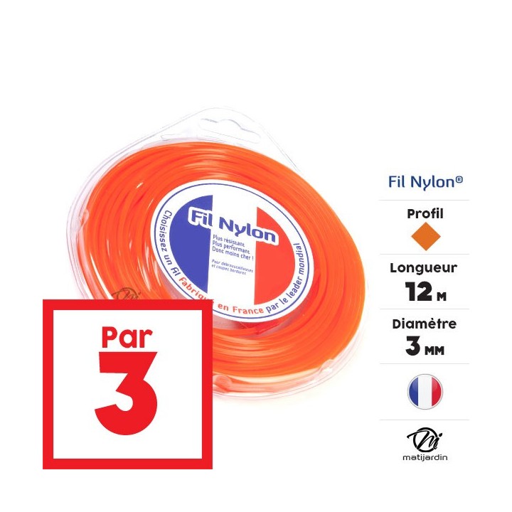 Fil débroussailleuse nylon 3 mm x 12 m. Carré. Orange. Blister. Par 3