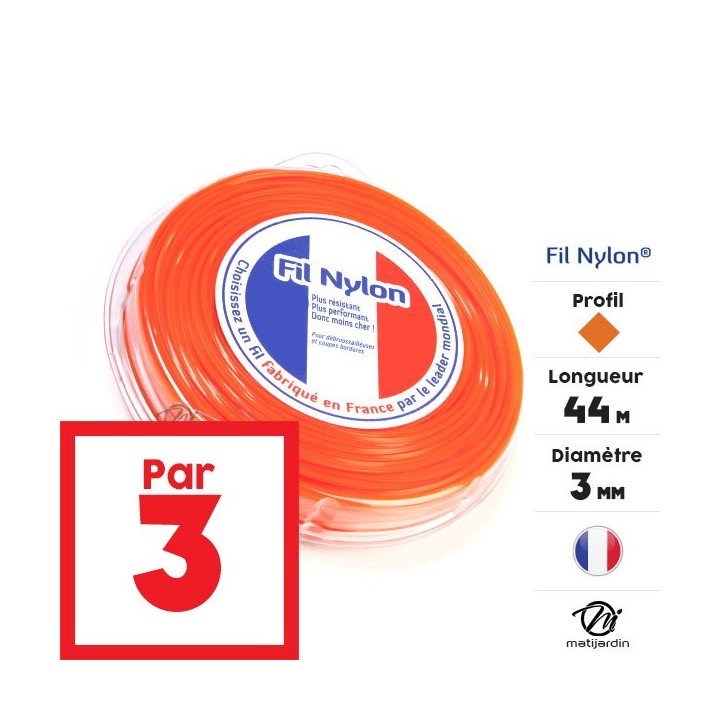 Fil débroussailleuse nylon 3 mm x 44 m. Carré. Orange. Blister. Par 3