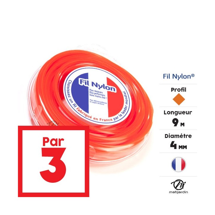 Fil débroussailleuse nylon 4 mm x 9 m. Carré. Orange. Blister. Par 3