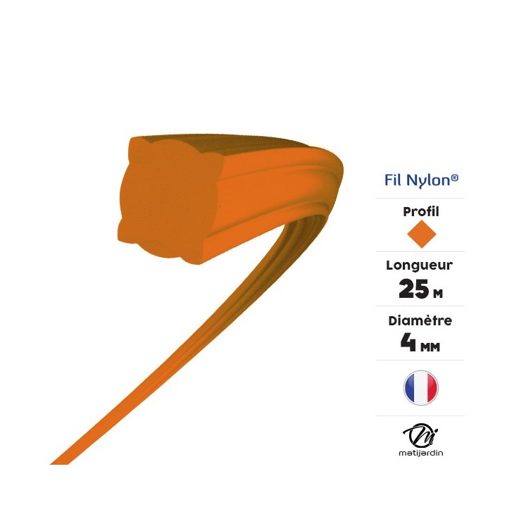 Fil débroussailleuse nylon 4 mm x 25 m. Carré. Orange. Blister. Par 3