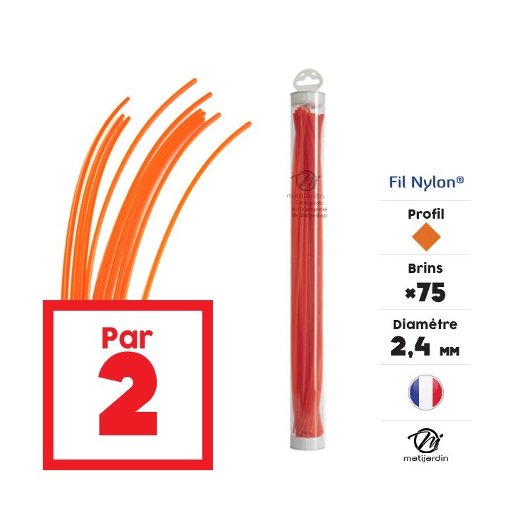 Fil débroussailleuse nylon 75 brins de 2,4 mm. Carré. Orange. Tube. Par 2