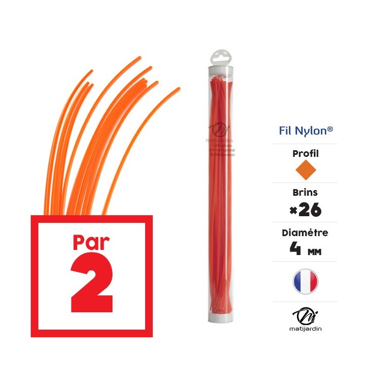 Fil débroussailleuse nylon 26 brins de 4 mm. Carré. Orange. Tube. Par 2
