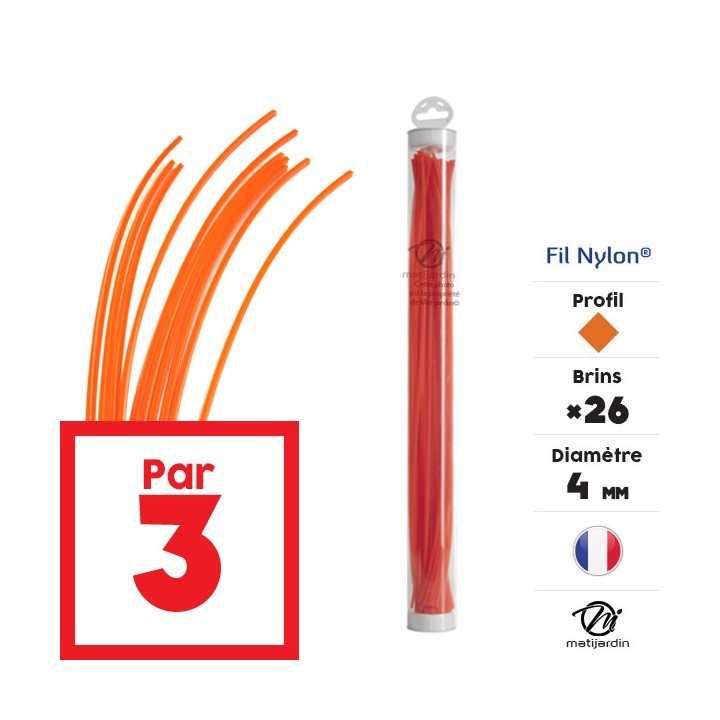 Fil débroussailleuse nylon 26 brins de 4 mm. Carré. Orange. Tube. Par 3
