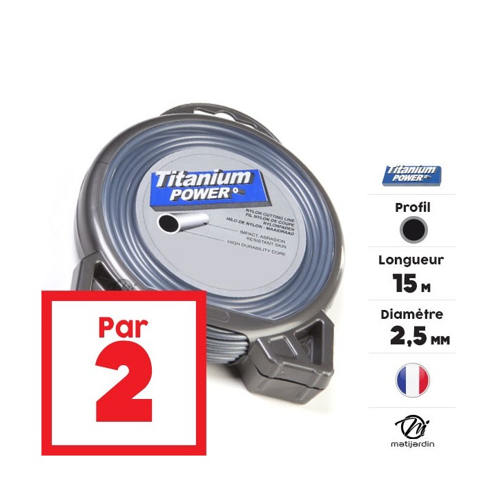 Fil débroussailleuse Titanium 2,5 mm x 15 m. Rond. Bi-matière. Blister. Par 2
