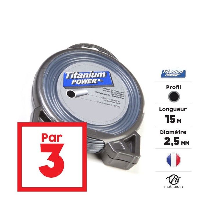 Fil débroussailleuse Titanium 2,5 mm x 15 m. Rond. Bi-matière. Blister. Par 3