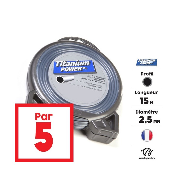 Fil débroussailleuse Titanium 2,5 mm x 15 m. Rond. Bi-matière. Blister. Par 5