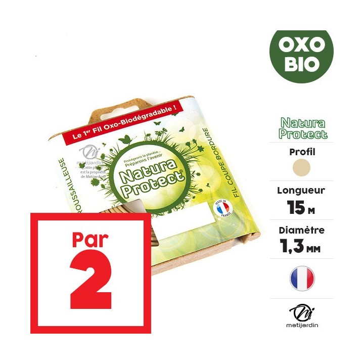 Fil débroussailleuse Natura Protect 1,3 mm x 15 m. Rond. Biodégradable. Blister. Par 2