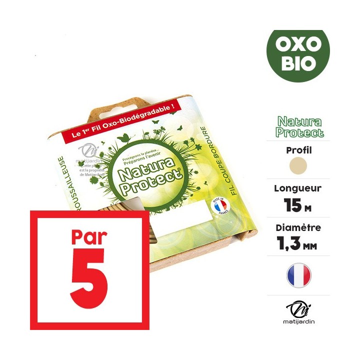Fil débroussailleuse Natura Protect 1,3 mm x 15 m. Rond. Biodégradable. Blister. Par 5