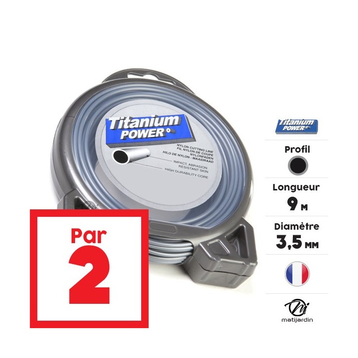 Fil débroussailleuse Titanium 3,5 mm x 9 m. Rond. Bi-matière. Blister. Par 2