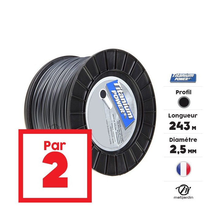 Fil débroussailleuse Titanium 2,5 mm x 243 m. Rond. Bi-matière. Bobine. Par 2