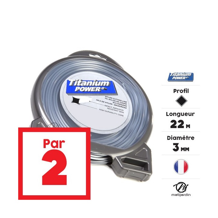 Fil débroussailleuse Titanium 3 mm x 22 m. Carré. Bi-matière. Blister. Par 2