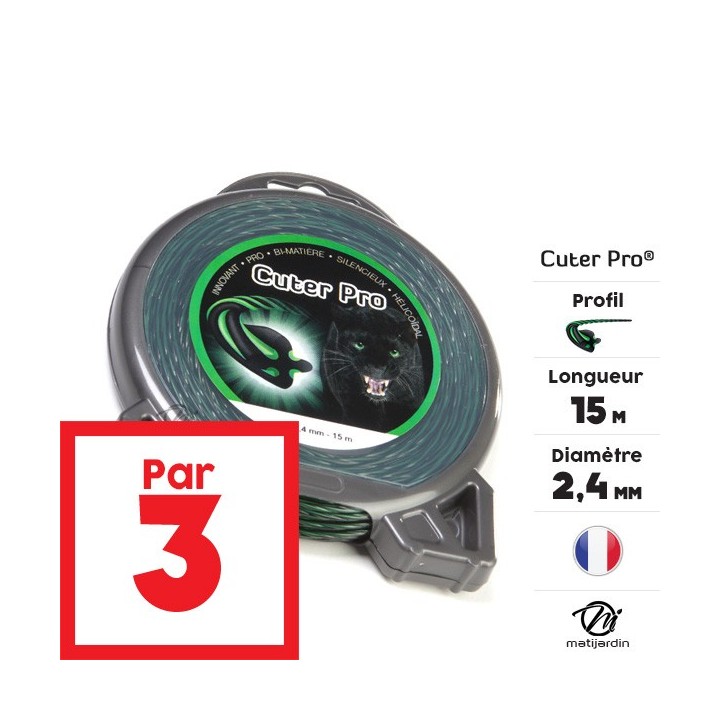 Fil débroussailleuse nylon Cuter'Pro 2,4 mm x 15 m. Hélicoïdal. Blister. Par 3