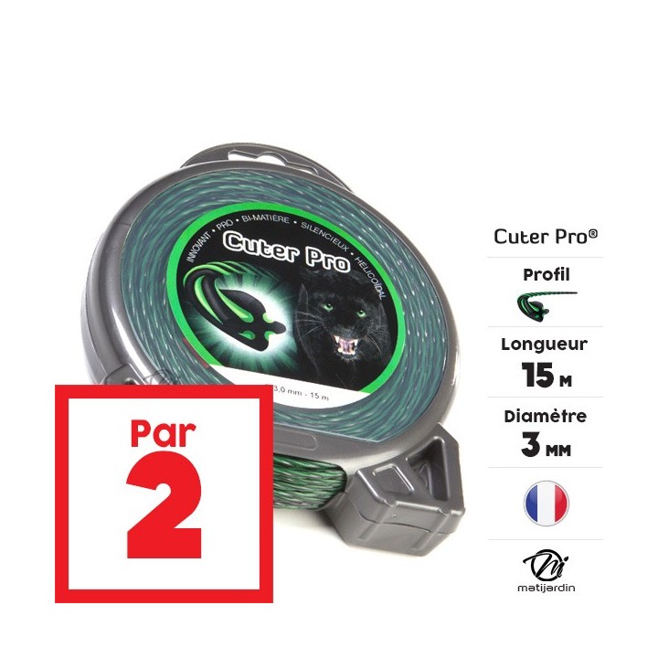 Fil débroussailleuse nylon Cuter'Pro 3 mm x 15 m. Hélicoïdal. Blister. Par 2