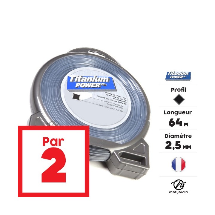 Fil débroussailleuse Titanium 2,5 mm x 64 m. Carré. Bi-matière. Blister. Par 2