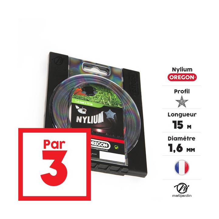Fil débroussailleuse nylon Oregon Nylium 1,6 mm x 15 m. Etoilé. Blister. Par 3