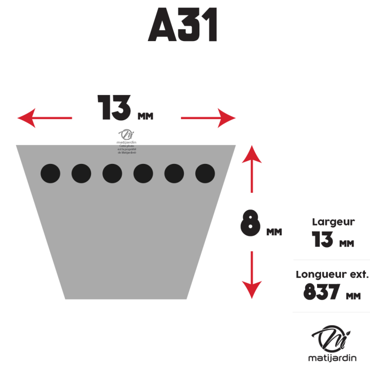 Courroie tondeuse A31 Trapézoïdale  - 13 mm x 837 mm