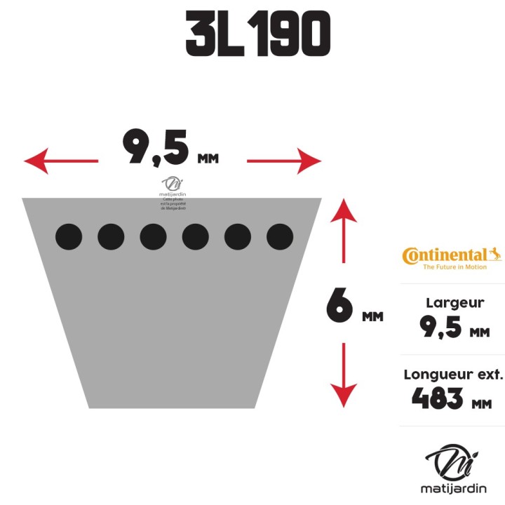 Courroie tondeuse 3L190 Continental Kevlar - 9,5 x 6 x 483  mm