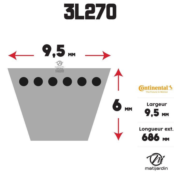 Courroie tondeuse 3L270 Continental Kevlar - 9,5 x 6 x 686 mm