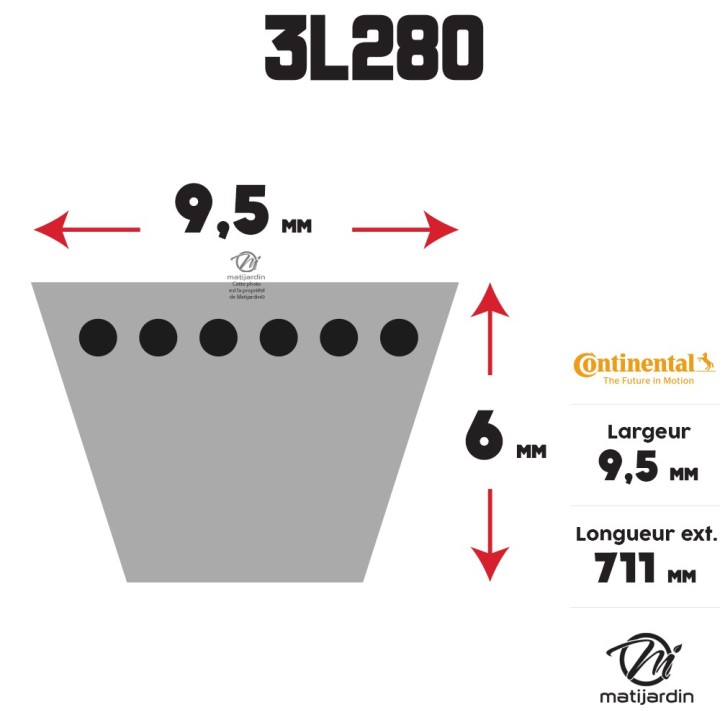 Courroie tondeuse 3L280 Continental Kevlar - 9,5 x 6 x 711 mm
