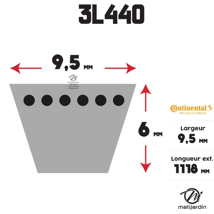 Courroie tondeuse 3L440 Continental Kevlar - 9,5 x 6 x 1118  mm