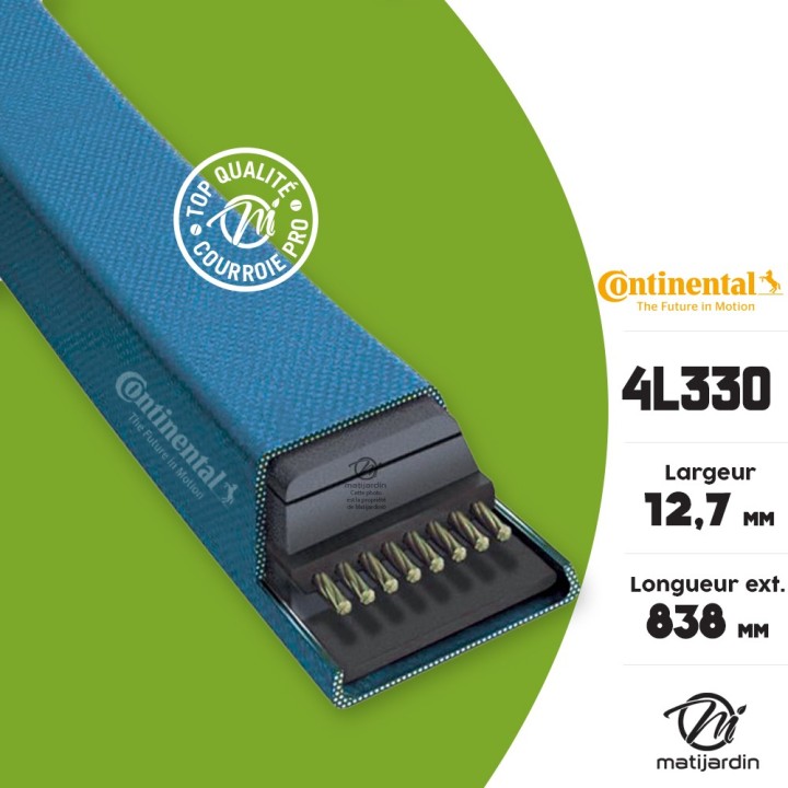 Courroie tondeuse 4L330 Continental Kevlar - 12,7 x 7,2 x 838  mm