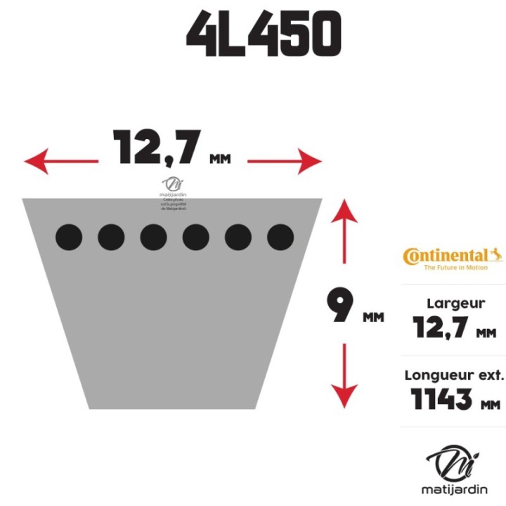 Courroie tondeuse 4L450 Continental Kevlar - 12,7 x 7,2 x 1143  mm