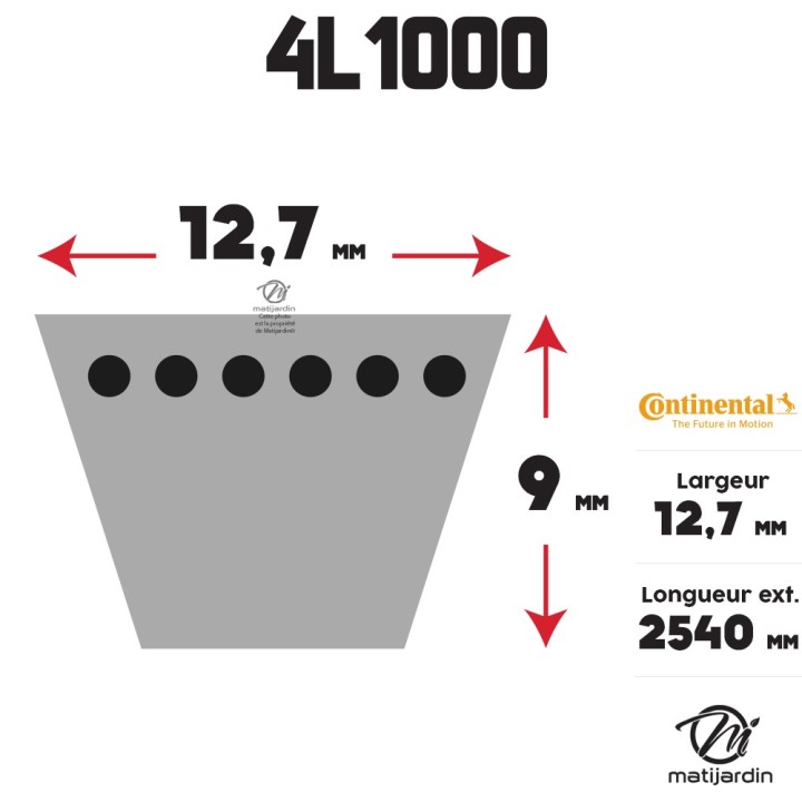Courroie tondeuse 4L1000 Continental Kevlar - 12,7 x 7,2 x 2540  mm