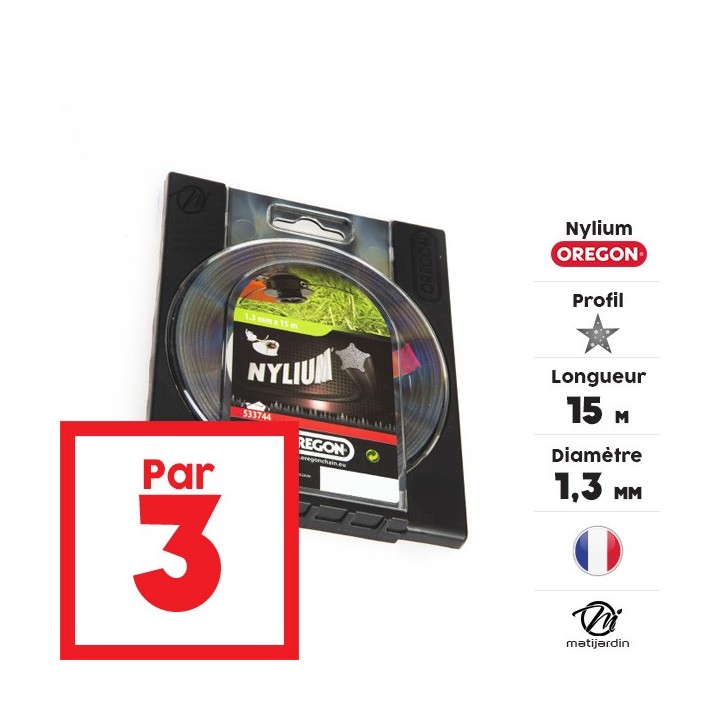 Fil débroussailleuse nylon Oregon Nylium 1,3 mm x 15 m. Etoilé. Blister. Par 3