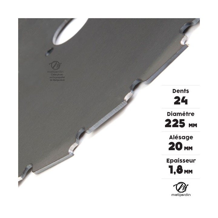 Lame disque 24 dents débroussailleuse. Gouges dentés. Ø 225 mm. Alésage 20 mm. Epaisseur 1,8 mm