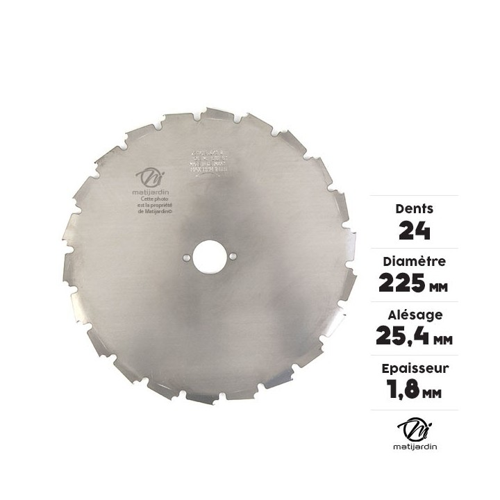 Lame disque 24 dents débroussailleuse. Gouges dentés. Ø 225 mm. Alésage 25,4 mm. Epaisseur 1,8 mm