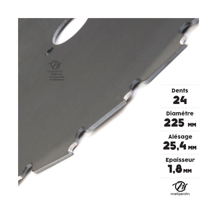 Lame disque 24 dents débroussailleuse. Gouges dentés. Ø 225 mm. Alésage 25,4 mm. Epaisseur 1,8 mm