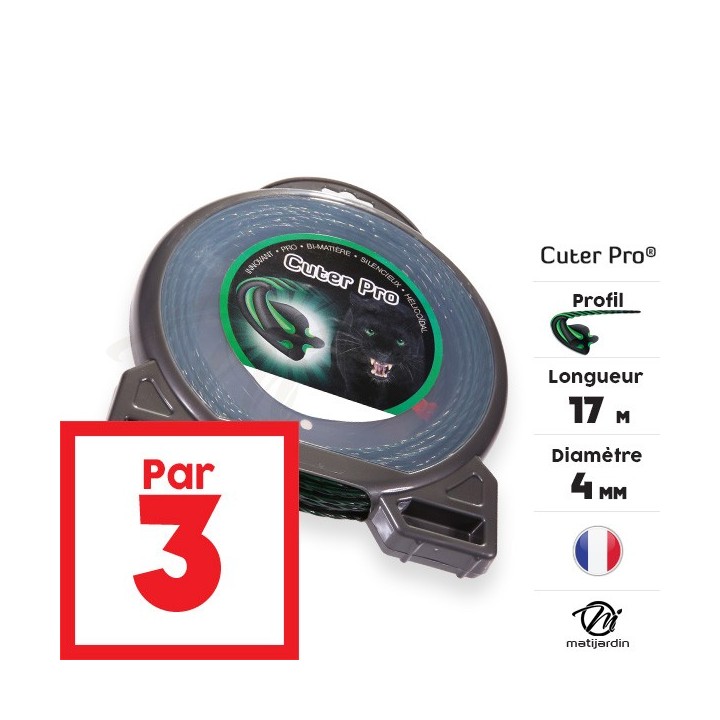 Fil débroussailleuse nylon Cuter'Pro 4 mm x 17 m. Hélicoïdal. Blister. Par 3