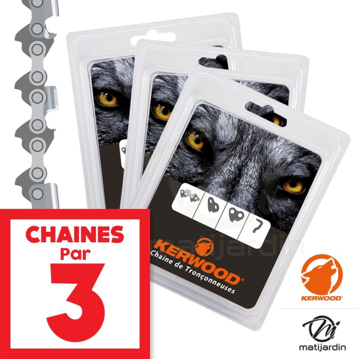 Chaînes tronçonneuses Kerwood x3. 72 maillons 0.325”. 1,5 mm