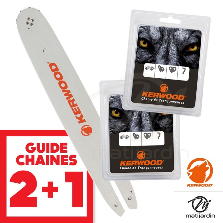Kit tronçonneuse 1 guide + 2 chaînes Kerwood. 50 cm 3/8” 1,6 mm. 20A4KLWE. 72 maillons