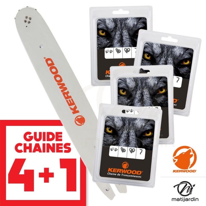 Kit tronçonneuse 1 guide + 4 chaînes Kerwood. 35 cm. 3/8”LP. 1,3 mm. 14B2KCWD. 50 maillons