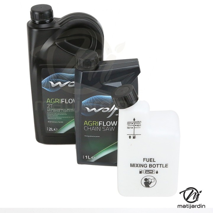 Kit entretien tronçonneuse. Huile moteur + huile chaîne + bidon doseur