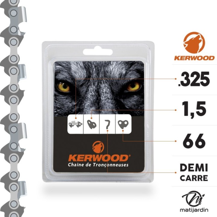 Kit tronçonneuse 1 guide + 2 chaînes Kerwood. 40 cm, 0,325”. 1,5 mm. 16C3KLWB. 66 maillons