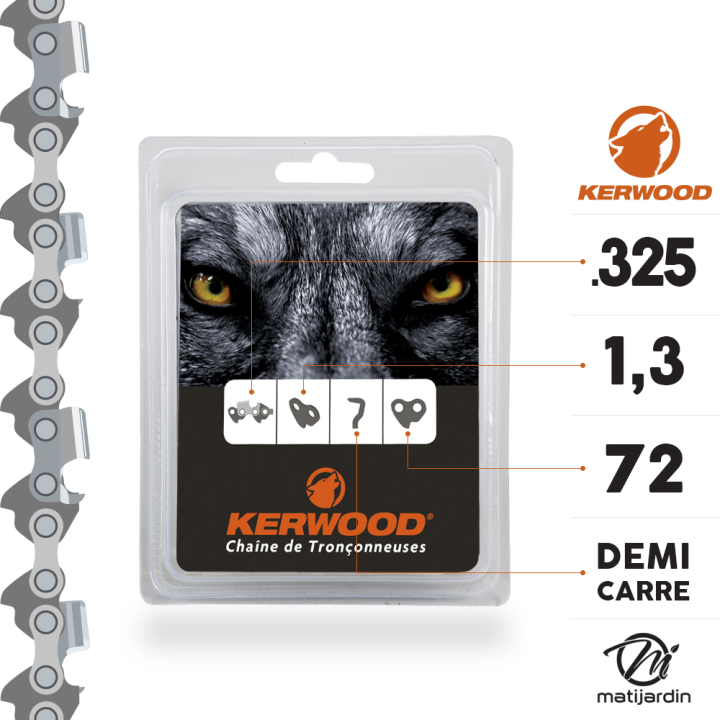 Kit tronçonneuse 1 guide + 2 chaînes Kerwood. 45 cm. 0,325”. 1,3 mm. 18C2KSWB. 72 maillons