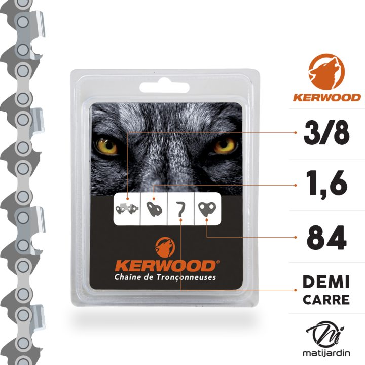 Kit tronçonneuse 1 guide + 2 chaînes Kerwood. 63,50 cm, 3/8”. 1,6 mm. 25A4KLWE. 84 maillons