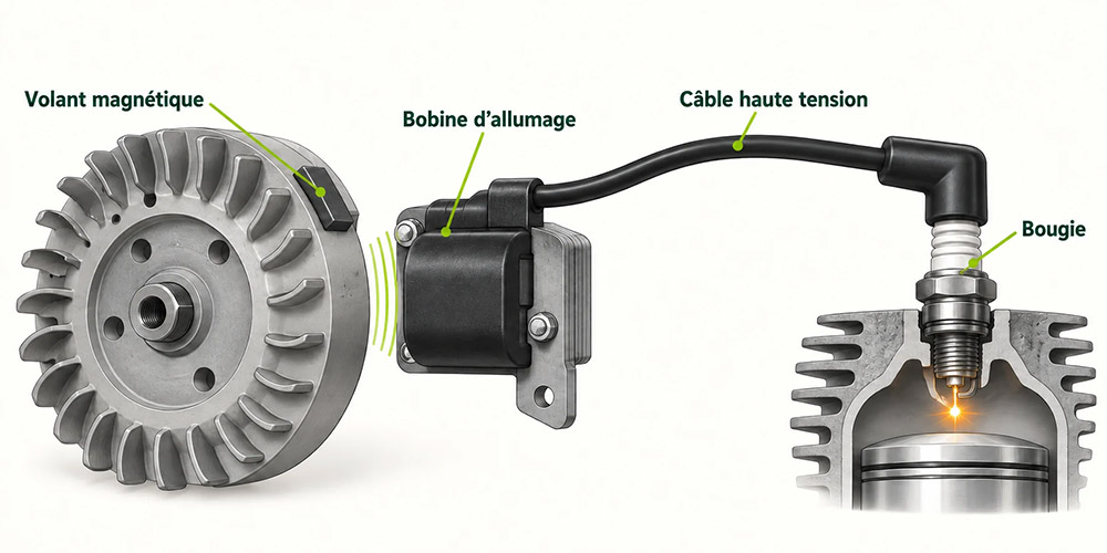 Schéma du volant magnétique, de la bobine, du câble haute tension et de la bougie dans le cylindre