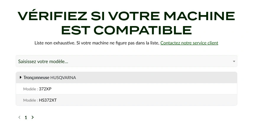Module Matijardin Vérifiez si votre machine est compatible, avec le champ Saisissez votre modèle et une liste de modèles de tronçonneuses