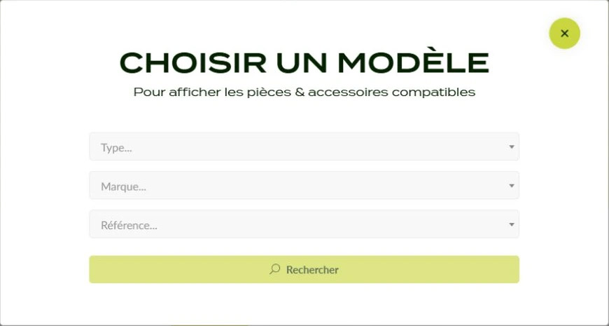 Capture réelle du module Matijardin Choisir un modèle avec les champs Type, Marque, Référence et le bouton Rechercher