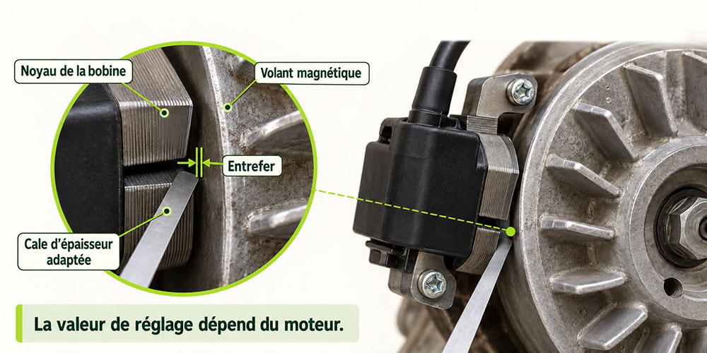 Illustration de l’entrefer entre le noyau de la bobine et le volant magnétique avec une cale d’épaisseur et un agrandissement